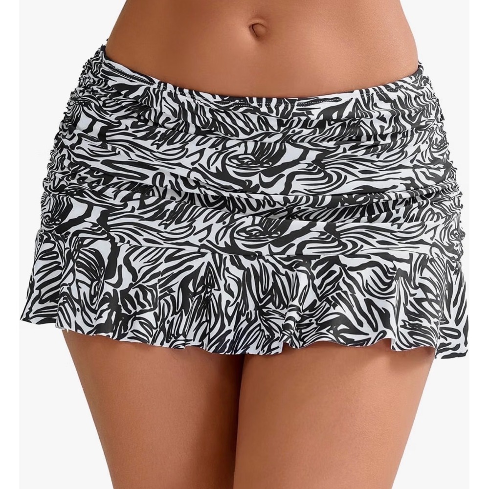 Halcurt Womens Zebra Abstract Ruched Ruffle Swim Skirt Built-in Brief Size S